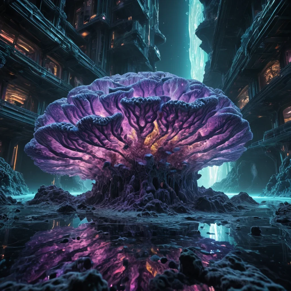 Photorealistic, colossal, undulating, amethyst, brain coral metropolis, its hyperrealistic, 4K, convoluted structures revealing ultra HD glimpses of a pulsating, bioluminescent, alien world within. Volumetric lighting from unseen, pulsating, bioluminescent sources etches the citys ethereal, fractal towers, casting intricate, dynamic, cybernetic shadows on the mirrored, iridescent void. Cinematic lighting bathes the scene in vibrant, otherworldly hues, with lens flare emphasizing the citys central, radiant, throbbing, brain coral heart, pulsating with captive, alien, cybernetic energy.