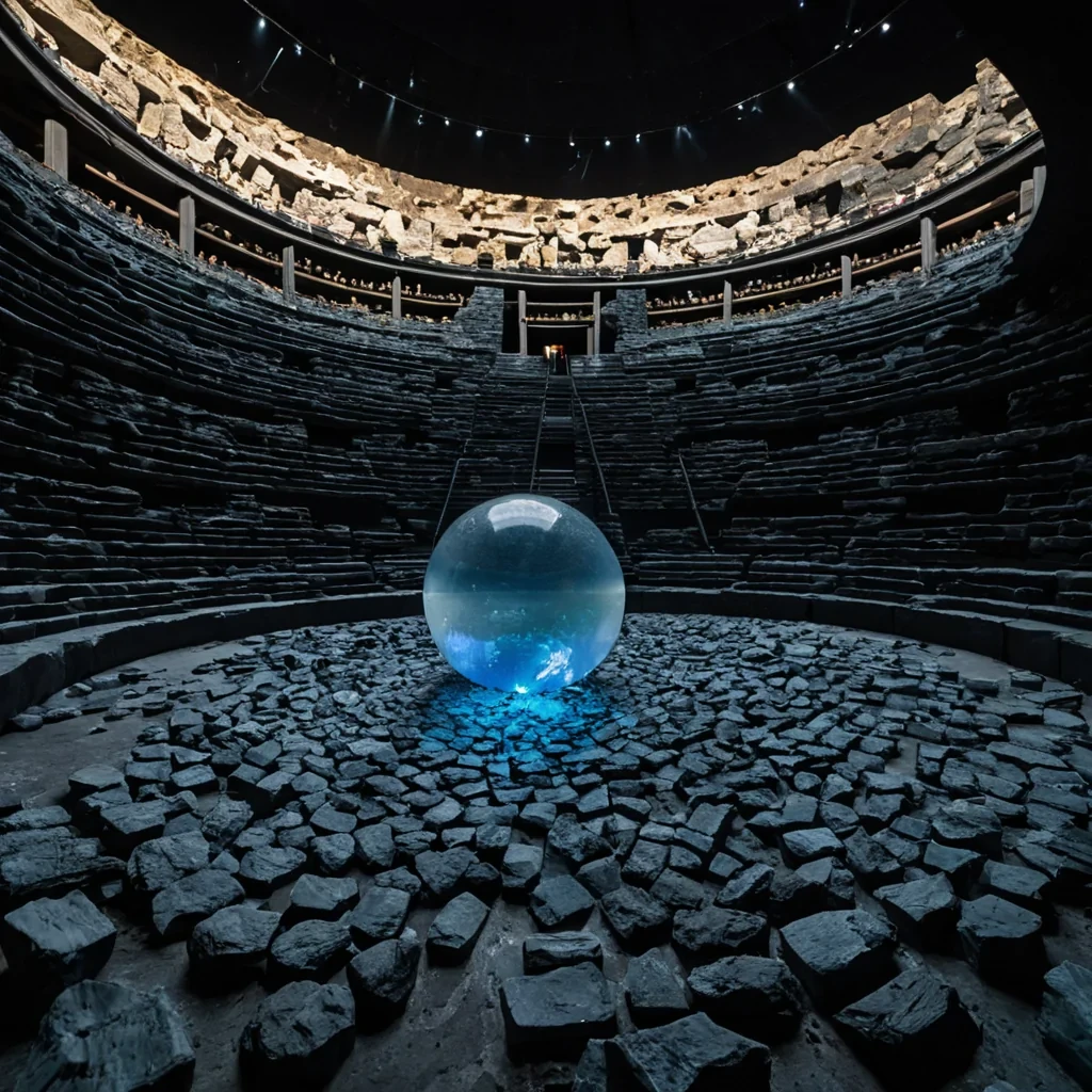 A wideangle, cinematic shot of a vast, openair amphitheater constructed entirely from stacked, translucent slabs of raw, unpolished sapphire crystal, set within a cavern of polished black basalt. The seating is not rows of stone, but tiered shelves holding thousands of individual, small glass vials, each containing a different hue of viscous, slowly moving liquid ranging from pale pastel mint to deep indigo, creating a shimmering, textured mosaic that glows with internal luminescence. In the center stage, a single, massive, spherical orb of pure white vapor hovers, emitting a soft, warm, golden light that casts long, sharp shadows across the crystalline floor. Suspended above the audience are hundreds of