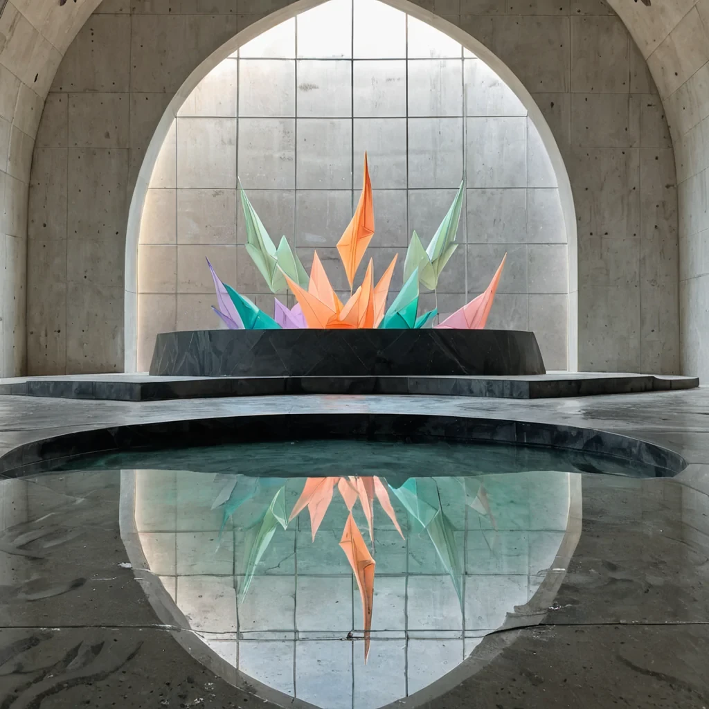A hyperrealistic, lowangle medium shot of a serene, circular amphitheater constructed from polished, dark obsidian steps that descend into a shallow pool of still, mirrorlike water. Floating gently on the surface of the water are dozens of large, geometric origami cranes made from thin, translucent sheets of frosted mica, each emitting a soft, internal glow in varying hues of pastel peach, mint green, and lavender. The cranes are arranged in a slow, rotating spiral pattern around a central, submerged pillar of raw, uncut diamond that refracts the ambient light into a starburst of colorful caustics on the pool floor. The background features a minimalist, white concrete wall with large, arched windows that reveal a blurred