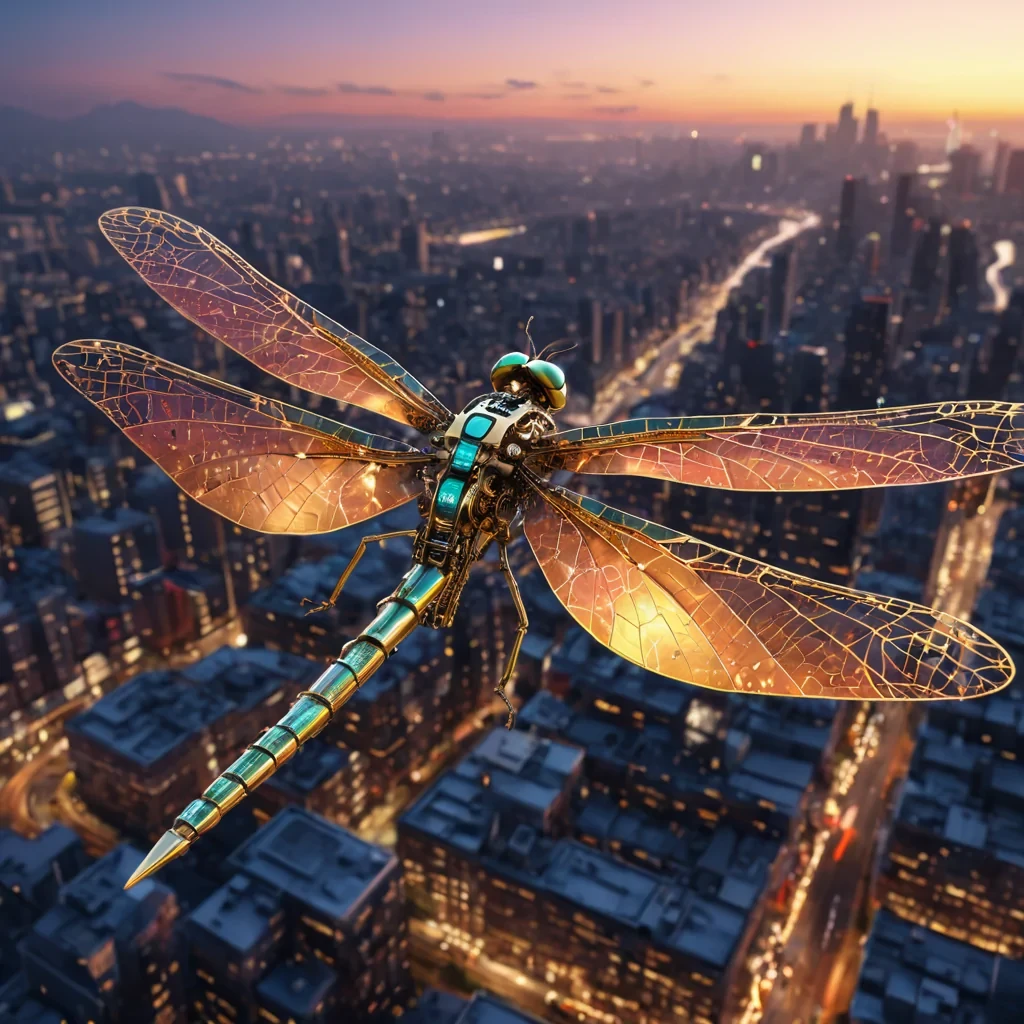 A colossal, mechanical dragonfly with gossamer wings of polished brass, soars over a sprawling, neonlit metropolis at dusk, its body adorned with intricate, glowing circuits, as it interacts with a flock of tiny, robotic sparrows, hyperrealistic, ultra HD, cinematic lighting, volumetric lighting, atmospheric effects, dynamic lighting, lens flare, vibrant colors, detailed textures.