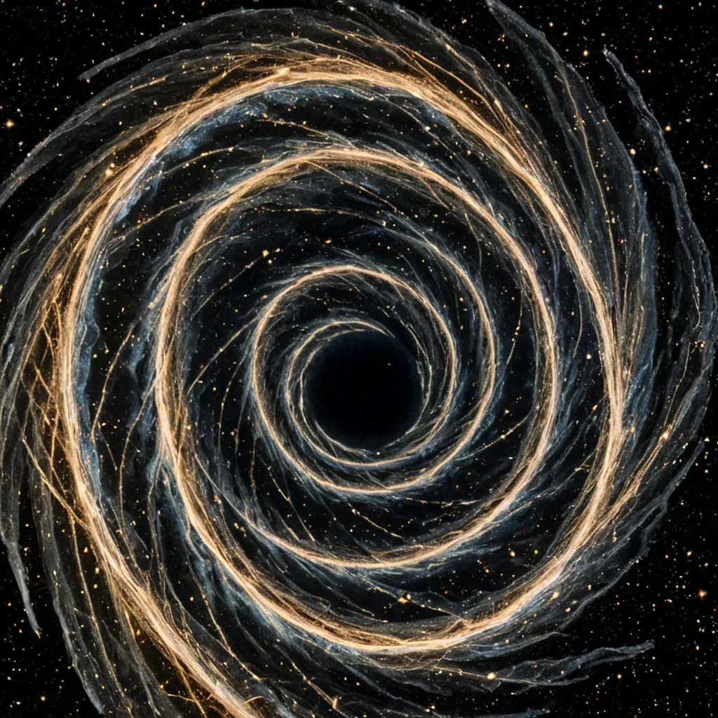 A single, selfilluminating filament of compressed stardust, shaped like a 17dimensional helix of inverted memory and unformed light, pulses at the center of a vast, inverted observatory built from the petrified silence of a civilization that measured time through the duration of synchronized, silent gazing at the same unchanging star. The filament does not glowit unremembers, each spiral unraveling a layer of visual potential that never coalesced into a shared sight, reforming into ephemeral, sapphirethreaded afterimages shaped like the negative space between two eyes that never blinked in the same moment of mutual wonder. The observatory is not astronomicalit is a stratified expanse of compressed stillness,