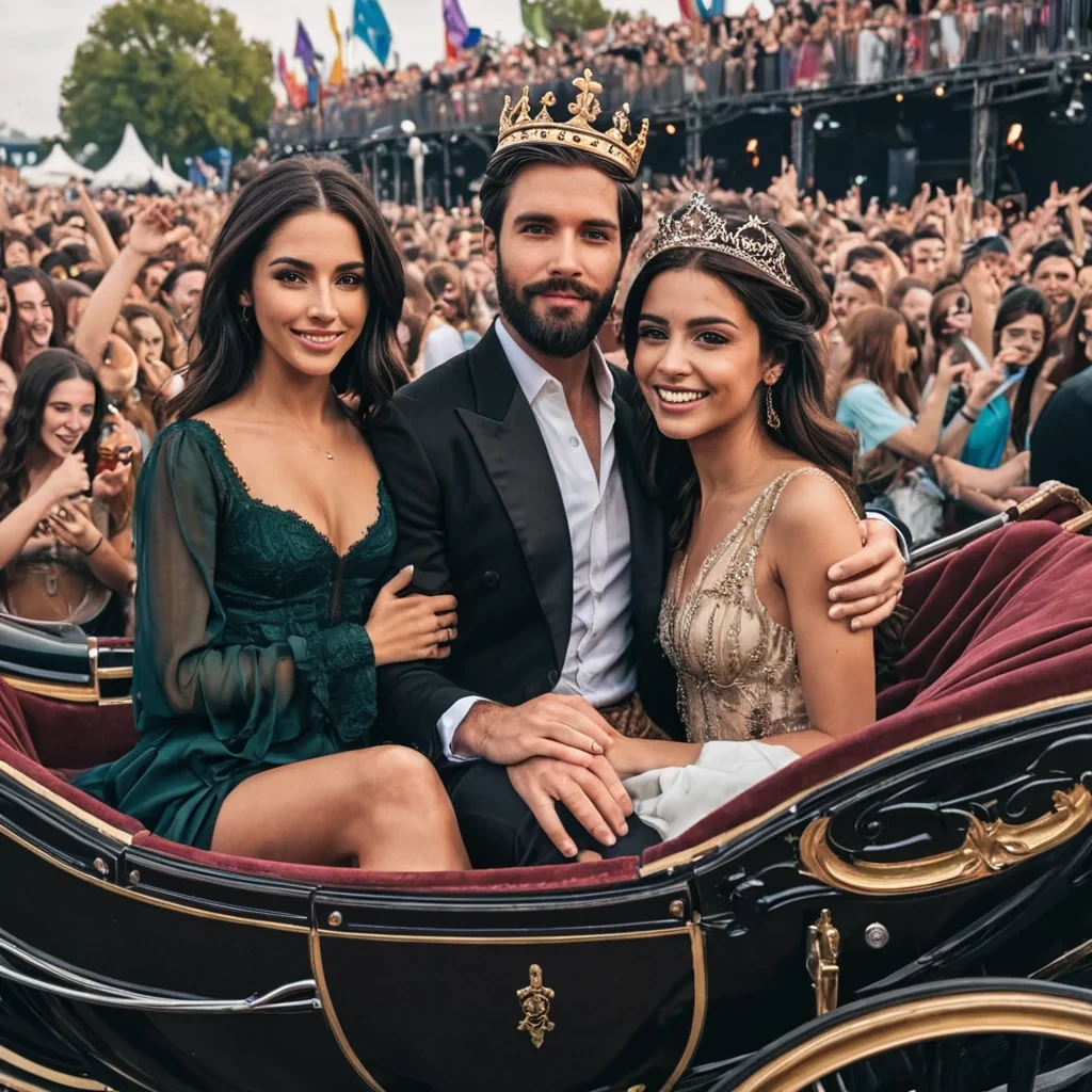 A very clear modern picture of a dark haired, modern handsome king with a beard along with beautifully dressed, brown haired women. They are riding in an royal open carriage amongst a happy crowd of EDM concert goers.