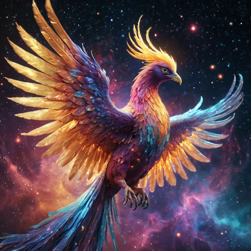 A hyperrealistic, 4K, ultra HD portrait of a holographic phoenix, its iridescent feathers shimmering with the prismatic hues of a supernova. The phoenixs eyes, a molten gold, hold the essence of cosmic rebirth. Its wings, a cascade of starlight and cosmic dust, gently flutter with an otherworldly grace. The background is a surreal, nebulainspired landscape of swirling, ethereal hues, with distant galaxies and cosmic phenomena casting a soft, celestial glow. Cinematic lighting accentuates the phoenixs majestic features, while a subtle bokeh effect blurs the cosmic backdrop, creating an enchanting atmosphere.
