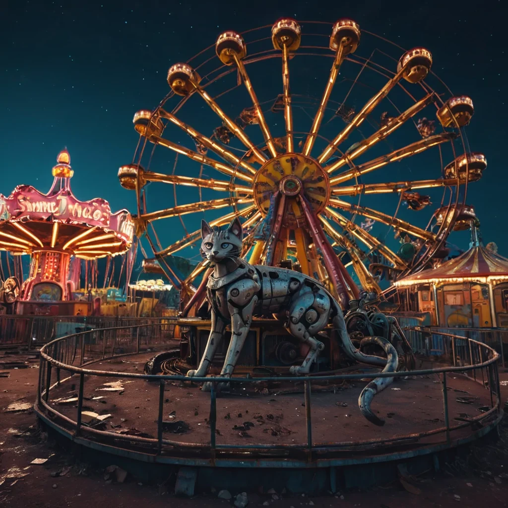 A colossal, abandoned amusement park filled with rusted, neonlit rides, where mechanical, stray cats roam freely, their eyes glowing like tiny moons in the perpetual twilight, hyperrealistic, 4K, cinematic lighting, volumetric lighting, atmospheric effects, dynamic lighting, bokeh effect, vibrant colors, detailed textures.
