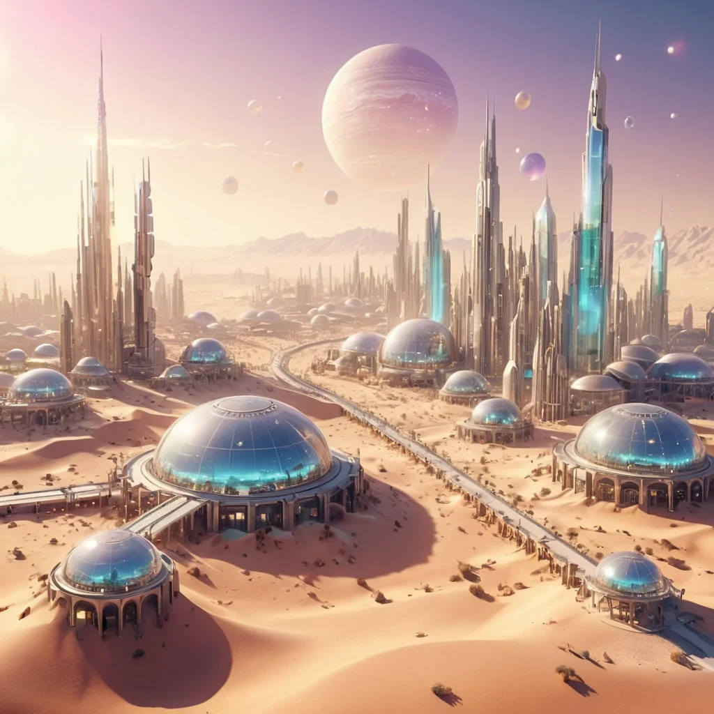 A sprawling, futuristic desert city with buildings made of polished, iridescent sand, connected by suspended, transparent walkways, hyperrealistic, ultra HD, cinematic lighting, volumetric lighting, atmospheric effects, dynamic lighting, bokeh effect, soft focus, lens flare, pastel tones, detailed textures.