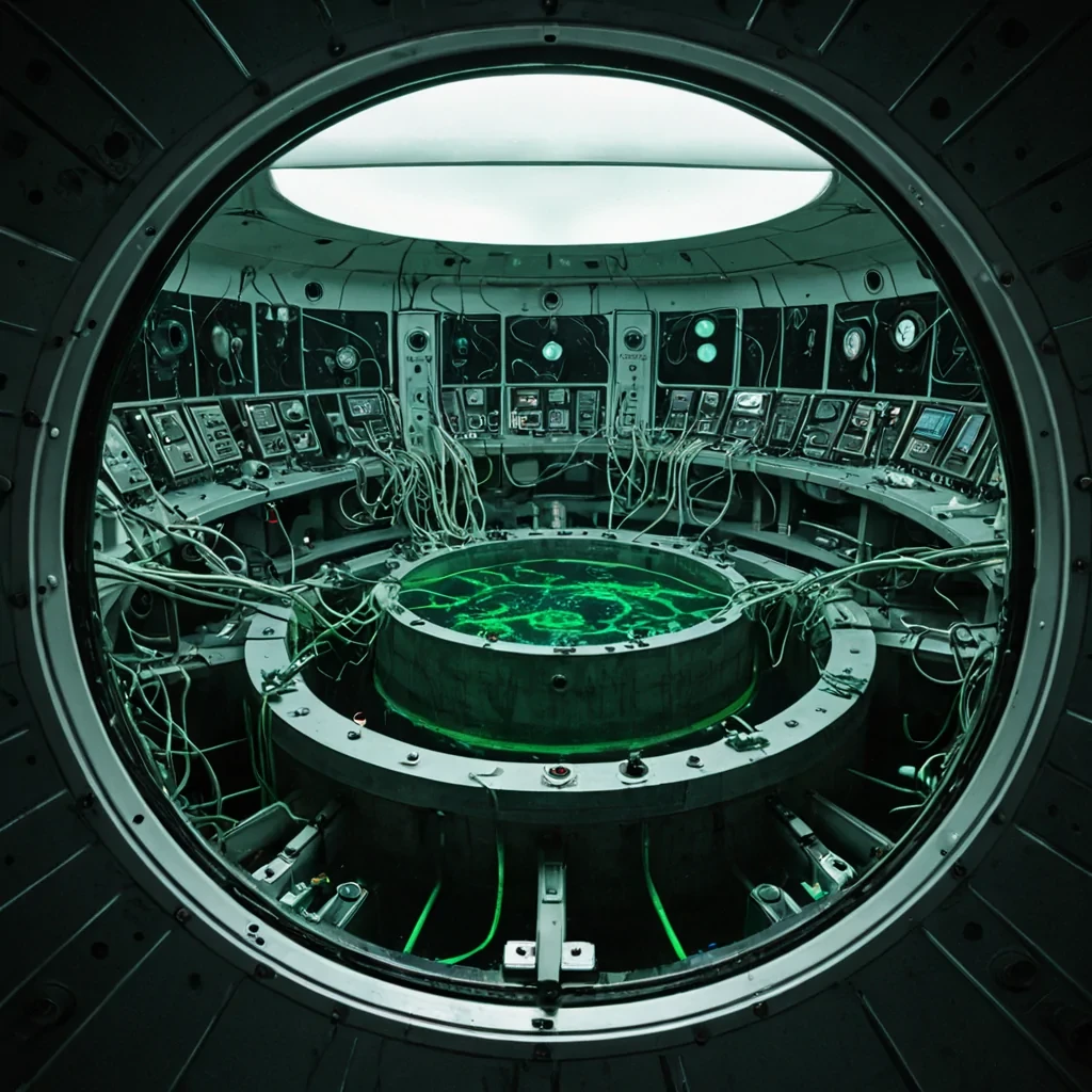 A splitlevel, symmetrical composition capturing the precise moment of intersection between a hyperdetailed, retrofuturistic laboratory and a vast, dark ocean trench. The upper half of the frame displays a sterile, whitetiled room with polished chrome surfaces, where a complex array of vintage dial telephones and rotary modems is mounted on the walls in a dense, overlapping grid, their red cords dangling like vines into the void below. The lower half reveals the pitchblack water, illuminated only by the cold, green phosphorescence of thousands of microscopic plankton forming a swirling, galactic vortex directly beneath a large, circular porthole in the floor. Through the porthole, a single, sleek, silver submersible with a glowing