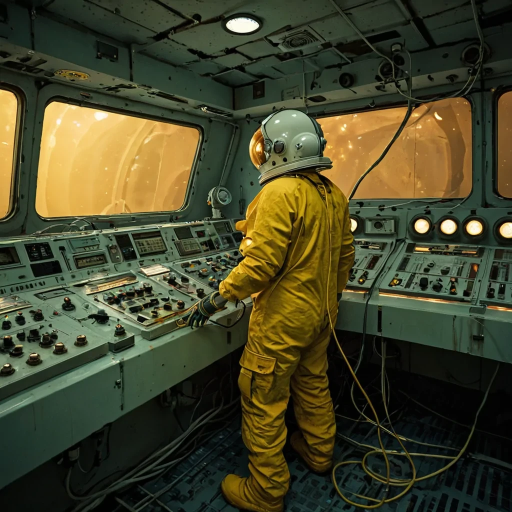 A horizontal, eyelevel medium shot of a submerged, retrofuturistic radio station constructed from curved, pearlywhite ceramic tiles and thick, reinforced glass windows, resting on the soft, undulating bed of a deepsea trench. The interior is illuminated by the warm, amber glow of vintage vacuum tubes and analog dials, casting long, distorted shadows through the heavy, pressurized air. In the center, a deepsea technician with pale, freckled skin and wearing a bulky, yellow pressurized suit with a spherical, goldtinted helmet stands before a massive, brassbound mixing console. They are adjusting a cluster of floating, magnetic sliders that control the frequency of sound waves rippling through the water outside,