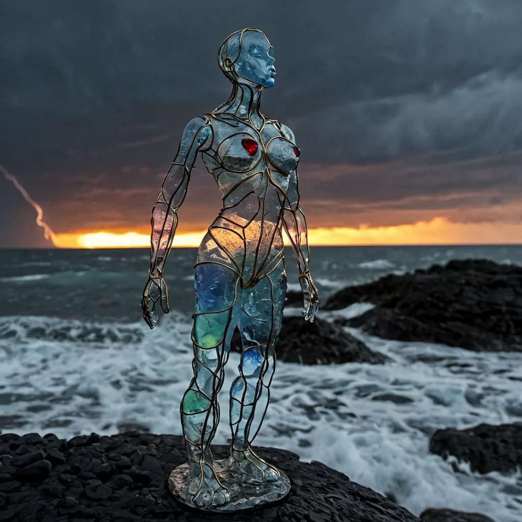 A vertical, extreme closeup shot of a translucent, gelatinous humanoid figure composed of layered, iridescent sea glass and suspended silver wire, standing atop a rugged, black basalt coastline under a stormy, indigo sky. The figures internal structure is visible through the semitransparent material, revealing a intricate, clockwork heart made of polished brass and ruby crystals that pulses with a rhythmic, warm orange light. Raindrops bead on the figures smooth, curved shoulder, each droplet acting as a lens that refracts the dramatic, highcontrast lightning flashes illuminating the turbulent, foaming waves crashing against the rocks below. The scene is rendered in hyperrealistic detail, with a shallow depth of field that sharply focuses on