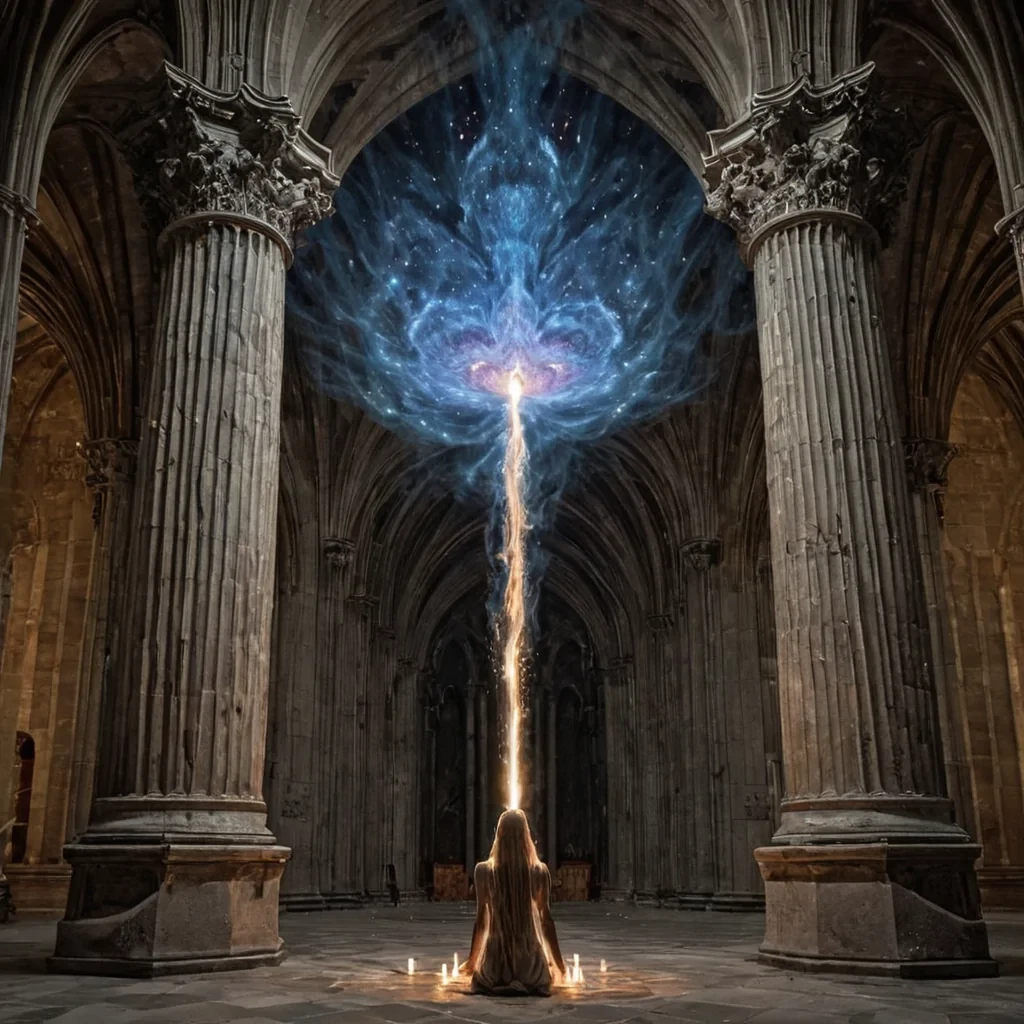 A single, selfsynthesizing nebula of reversed potentiality, shaped like a 347dimensional lattice of unformed desire and inverted longing, drifts through the center of a vast, inverted cathedral of solidified breatheach pillar forged from the exact moment between a sigh escaping and its refusal to be heard, a prayer forming on lips and dissolving into nonvocal air, a candle flame flickering and its sudden collapse into unlit wax. The nebula does not wishit unwishes, each shimmering filament shedding a layer of emotional resonance that never coalesced into a shared yearning, reforming into ephemeral, moonstonethreaded afterimages shaped like the negative space between two hands that never reached across a