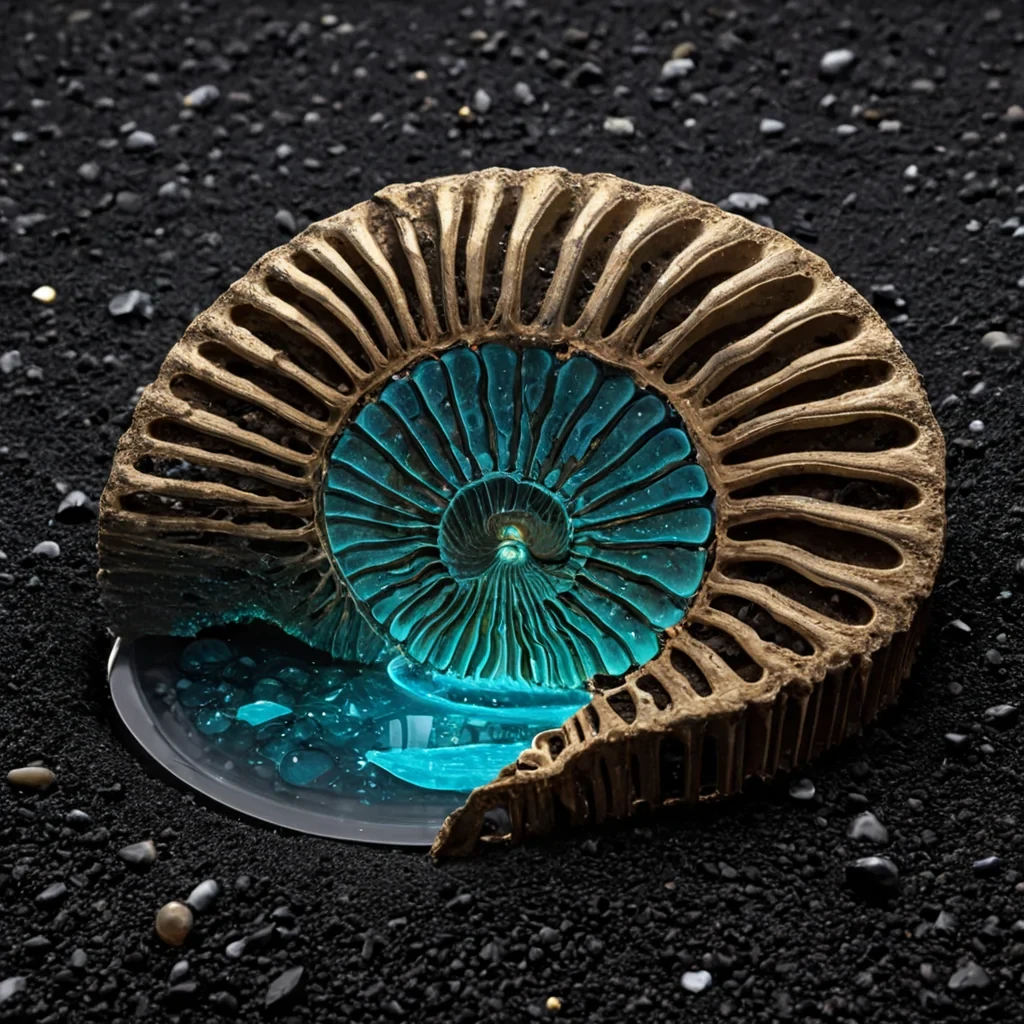 A horizontal, eyelevel wide shot of a vast, silent data repository housed within the hollowedout shell of a massive, fossilized ammonite skeleton resting on a bed of fine, black volcanic sand. The interior is lined with thousands of vertical, hexagonal glass tubes filled with suspended, iridescent oil droplets that shift color from deep indigo to electric turquoise in response to ambient magnetic fields. The air is still and cool, illuminated by soft, diffused light filtering through the translucent, calcified outer shell, creating a dreamlike, aquatic atmosphere despite the dry environment. In the center, a low, circular platform made of polished obsidian holds a single, intricate mechanical armature crafted from brushed brass and delicate silk threads, gently rotating