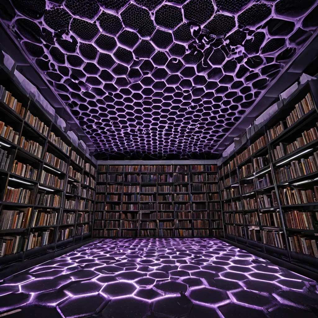 A hyperrealistic, eyelevel shot of a quiet, empty library room where the floor is a seamless, dark, matte slate, covered in a single, sprawling, intricate arrangement of dried, translucent honeycomb structures that have been preserved in a state of perfect, geometric symmetry. The honeycomb is not yellow, but a deep, resonant, ultraviolet violet, glowing with a soft, internal pulse that casts long, sharp, prismatic shadows across the pristine white surface. Suspended in the air above the honeycomb is a swarm of thousands of tiny, perfect, spherical beads of liquid mercury, each one reflecting the violet light and creating a dazzling, shimmering canopy of metallic spheres. The beads are arranged in a complex, threedimensional lattice