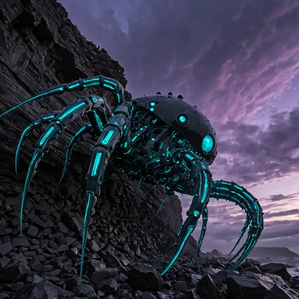 A dynamic, lowangle action shot of a colossal, mechanical centipede traversing a rugged, obsidian cliffside in a stormy, twilight atmosphere. The creatures exoskeleton is composed of interlocking, matte black hexagonal plates, each etched with faint, glowing cyan circuitry that pulses in sequence as it moves. Instead of legs, it propels itself on a complex array of flexible, hydraulic tentacles made of semitransparent, rubberized polymer, which grip the jagged rock with precision. The head is a sleek, aerodynamic dome of polished chrome, reflecting the swirling purple and teal clouds above. A dense, cold mist rolls down the cliff face, partially obscuring the lower body and creating a sense of scale and