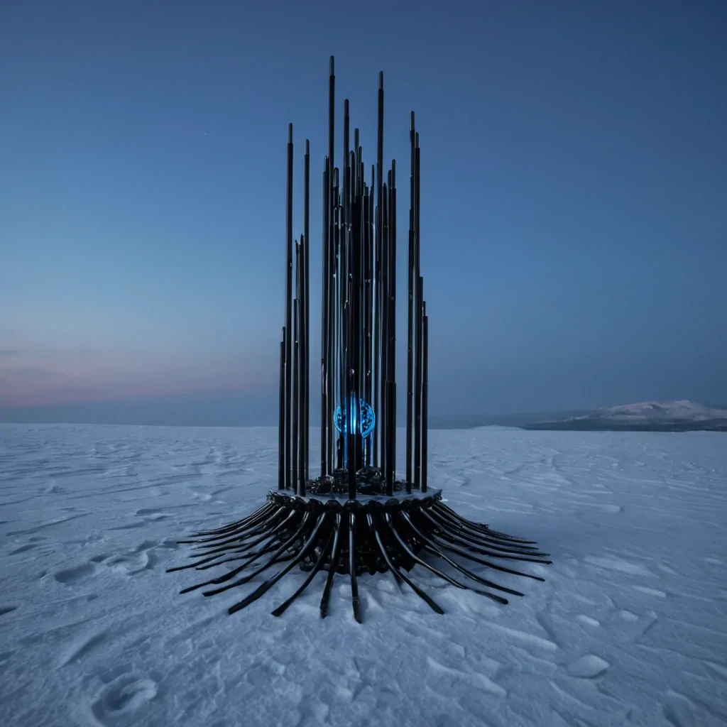 A vertical, eyelevel shot of a silent, snowcovered plateau under a twilight sky, where the ground is covered in fine, white ash that mimics the texture of fresh powder. In the center stands a massive, monolithic structure made of layered, translucent sheets of frozen water and embedded metallic gears, creating a kinetic sculpture that appears to be slowly melting into the ground. The structure emits a soft, cool blue light from within, illuminating the intricate mechanical details of its core. Surrounding the base are rows of tall, slender, black metal rods that resemble organ pipes, some of which are emitting thin trails of steam that rise vertically into the cold air. In the foreground, a lone figure wearing a bulky, insulated parka made of matte
