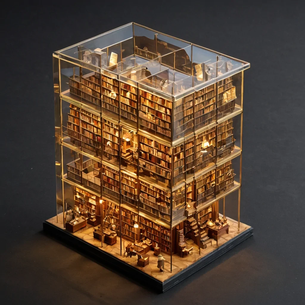 A hyperdetailed, isometric crosssection of a translucent, ambercolored resin block containing a miniature, bustling library constructed entirely from folded origami paper and delicate brass hinges. Inside the resin, tiny, clockwork librarians with porcelain skin and geardriven limbs are seen meticulously repairing ancient, floating scrolls made of light. The librarys architecture features spiraling staircases of translucent glass and shelves carved from solidified honey, illuminated by warm, directional sunlight that refracts through the amber, creating prismatic rainbows on the interior surfaces. Dust motes dance in the air currents trapped within the block, caught in slow motion, while the exterior of the resin sits on a sleek, dark slate surface in a modern, minimalist gallery space. The lighting is