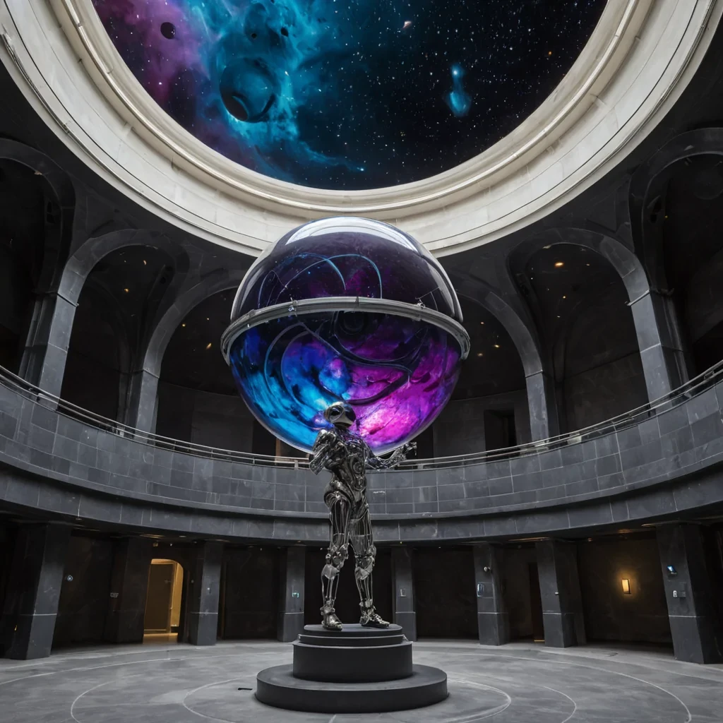 A hyperrealistic, eyelevel medium shot of a serene, circular atrium inside a subterranean observatory constructed from smooth, matteblack basalt and curved panels of polished onyx. The ceiling is a massive, retractable dome of reinforced glass that has opened to reveal a sky filled with swirling, iridescent nebulae in shades of deep magenta and electric blue. In the center, a single, oversized mechanical armature made of brushed titanium and transparent quartz holds a floating, spherical globe of liquid mercury that reflects the celestial patterns above. A figure in a minimalist, creamcolored linen suit stands calmly beside the armature, their hand resting gently on the cool metal, observing the slow rotation of the mercury sphere. The lighting is