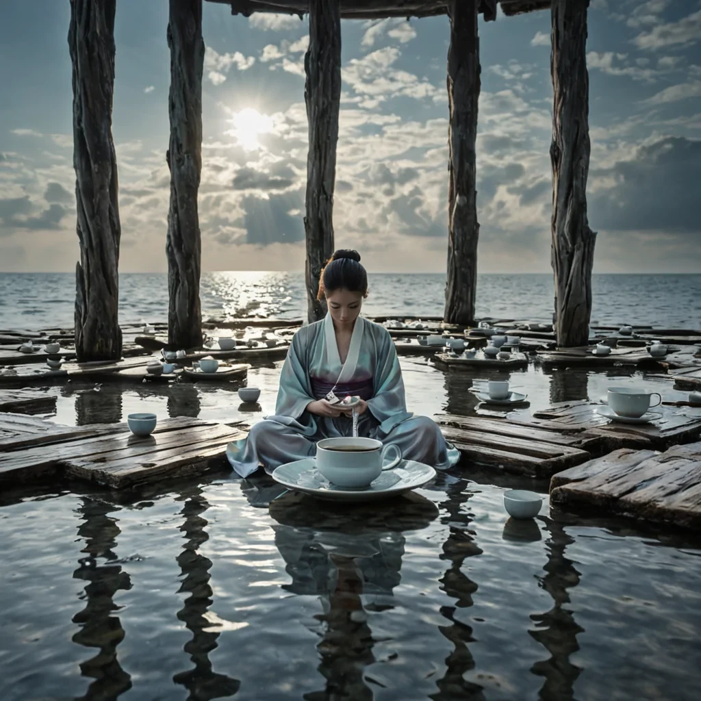 A hyperrealistic, wideangle shot of a vast, floating platform constructed from weathered, driftwood planks and suspended over a deep, mistshrouded ocean of liquid mercury. The surface is scattered with thousands of delicate, porcelain teacups, each emitting a thin, vertical column of steam that twists into intricate, calligraphic shapes in the humid air. In the center, a figure wearing a long, flowing kimono made of iridescent, oilslick fabric sits in meditation, their hands resting gently on the rim of an empty cup. The lighting is soft and diffuse, casting long, distorted reflections of the steam clouds onto the shimmering, silver water below, creating a dreamlike, ethereal atmosphere with shallow depth