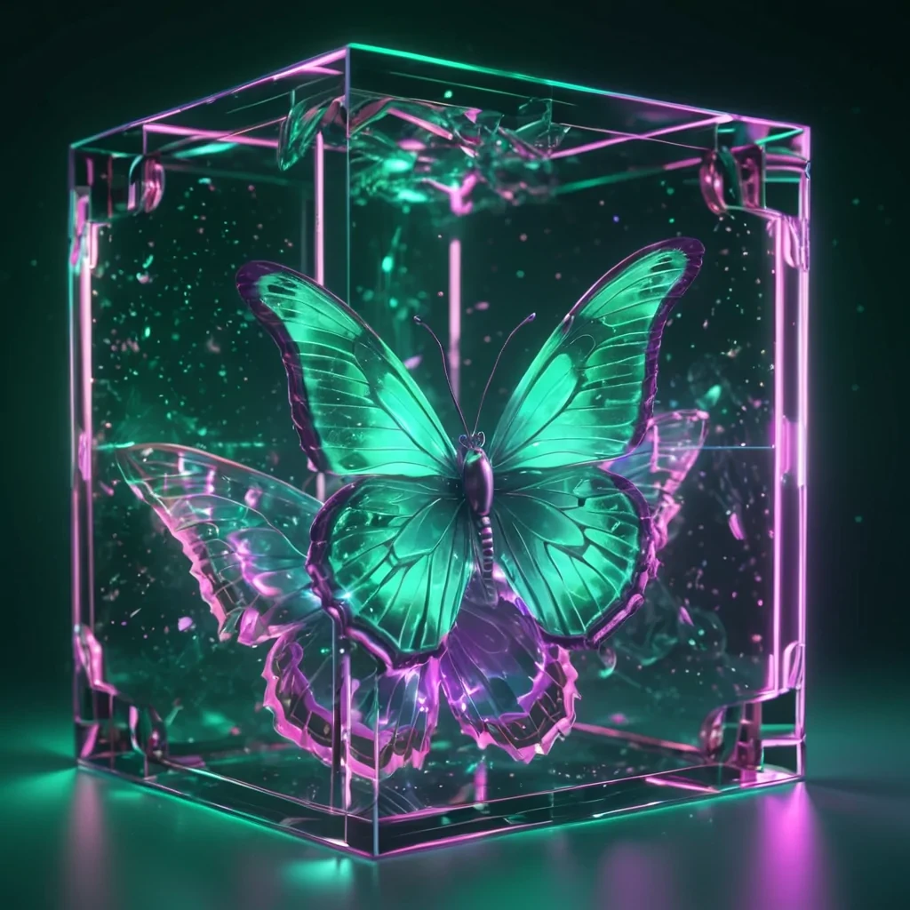 Hyperrealistic neon butterflies with reflective metallic wings fluttering in a cubic emerald chamber filled with swirling quantum fog, holographic beams intersecting in volumetric lighting, soft focus, vibrant colors, 4K