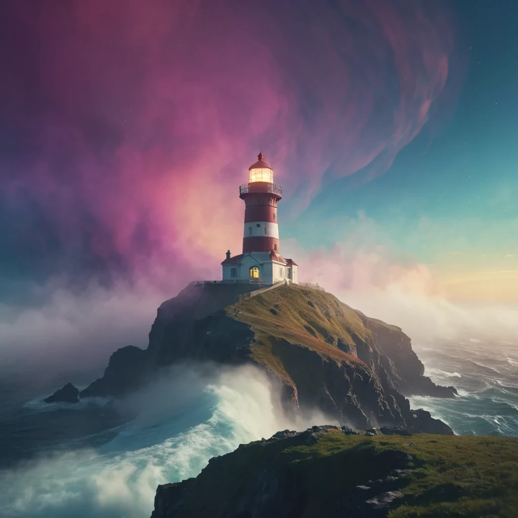 A lone, ancient lighthouse stands on a cliff overlooking an endless expanse of swirling, technicolor fog, hyperrealistic, 4K, cinematic lighting, volumetric lighting, atmospheric effects, dynamic lighting, bokeh effect, soft focus, lens flare, neon colors, detailed textures.