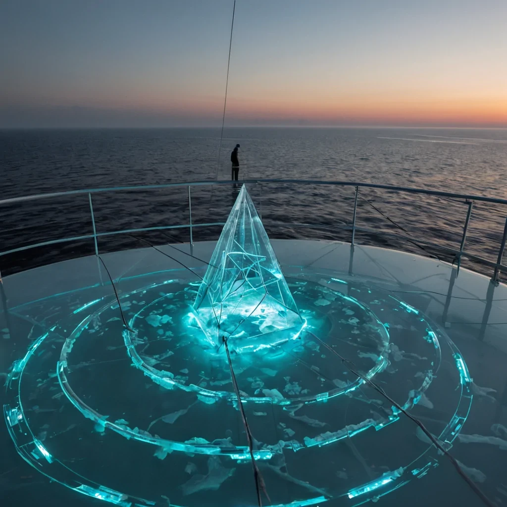A horizontal, eyelevel medium shot of a suspended, circular observation deck constructed from seamless, frosted acrylic panels, overlooking a vast, churning ocean of liquid nitrogen that emits thick, swirling banks of white vapor. The deck floor is embedded with intricate, glowing circuit boards made of deep teal circuitry that pulses with rhythmic, icy blue light, mirroring the temperature of the cryogenic sea below. Hovering just above the surface of the vapor are dozens of delicate, geometric kites made of translucent, thinglass shards, each tethered to the deck by slender, silver wires that catch the ambient, diffuse glow of three pale, distant stars. In the foreground, a solitary figure wearing a sleek, minimalist suit made of matte, charcoal