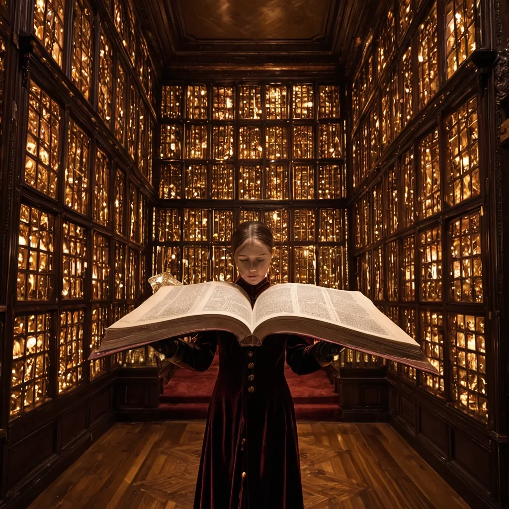 A vertical, eyelevel medium shot of an intimate, dimly lit archival room constructed from warm, honeytoned mahogany panels and intricate brass filigree, where the walls are lined with thousands of small, square compartments each containing a single, glowing crystal shard that pulses with a soft, amber light. In the center, a figure wearing a highcollared, Victorianinspired velvet coat in deep burgundy stands before a massive, open book that floats horizontally in midair, its pages made of translucent, thin sheets of polished onyx that emit a cool, white luminescence from within. The figures hand, clad in a sheer, lace glove, gently touches one of the floating pages, causing ripples of golden dust to cascade