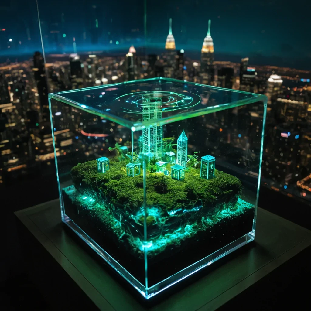 A photorealistic closeup of a translucent, gelatinous cube of aerogel suspended in a vacuumsealed terrarium, containing a miniature, floating city built entirely from woven fiberoptic cables and bioluminescent moss. The citys skyscrapers are spiraling towers of glowing green and azure light, with tiny, hovering vehicles resembling glass marbles leaving trails of chromatic aberration as they move between levels. The interior is illuminated by soft, internal bioluminescence that casts intricate, weblike shadows on the terrariums inner walls, which are etched with microscopic topographic maps of unknown planets. The camera angle is slightly tilted, creating a dynamic sense of depth, while the shallow depth of field blurs the