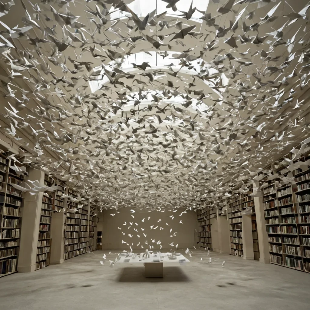 A single, selfsustaining library of floating, translucent origami birds hovers in the center of a vast, still chamber made of solidified soundwaves, each bird crafted from a single, folded sheet of paper that contains the entire history of a language that was never spoken. The birds do not flythey drift in slow, silent rotation, their wings etched with the faint, iridescent script of forgotten dialects, each fold revealing a new phonetic pattern that hums softly when touched by a breath from the future. The chamber walls are not stonethey are layered sheets of compressed silence, arranged in a spiral that spirals outward like a breath held too long, each layer glowing faintly with the afterimage of a conversation that