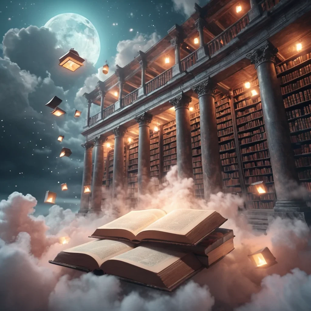 A levitating, ancient library in the clouds, its stone pages illuminated by floating, spectral lanterns, hyperrealistic, 4K, cinematic lighting, volumetric lighting, atmospheric effects, soft focus, lens flare, pastel tones, detailed textures.
