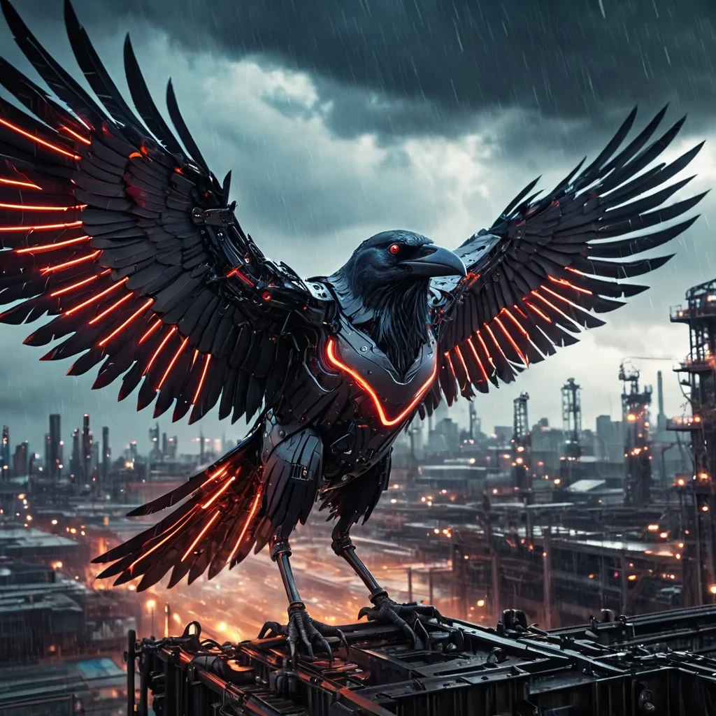 A colossal, mechanical raven soars through a stormy, industrial skyline, its metallic feathers glowing with neon circuits, hyperrealistic, ultra HD, cinematic lighting, volumetric lighting, atmospheric effects, dynamic lighting, bokeh effect, soft focus, lens flare, electric blues, fiery reds, and stark blacks, detailed textures.