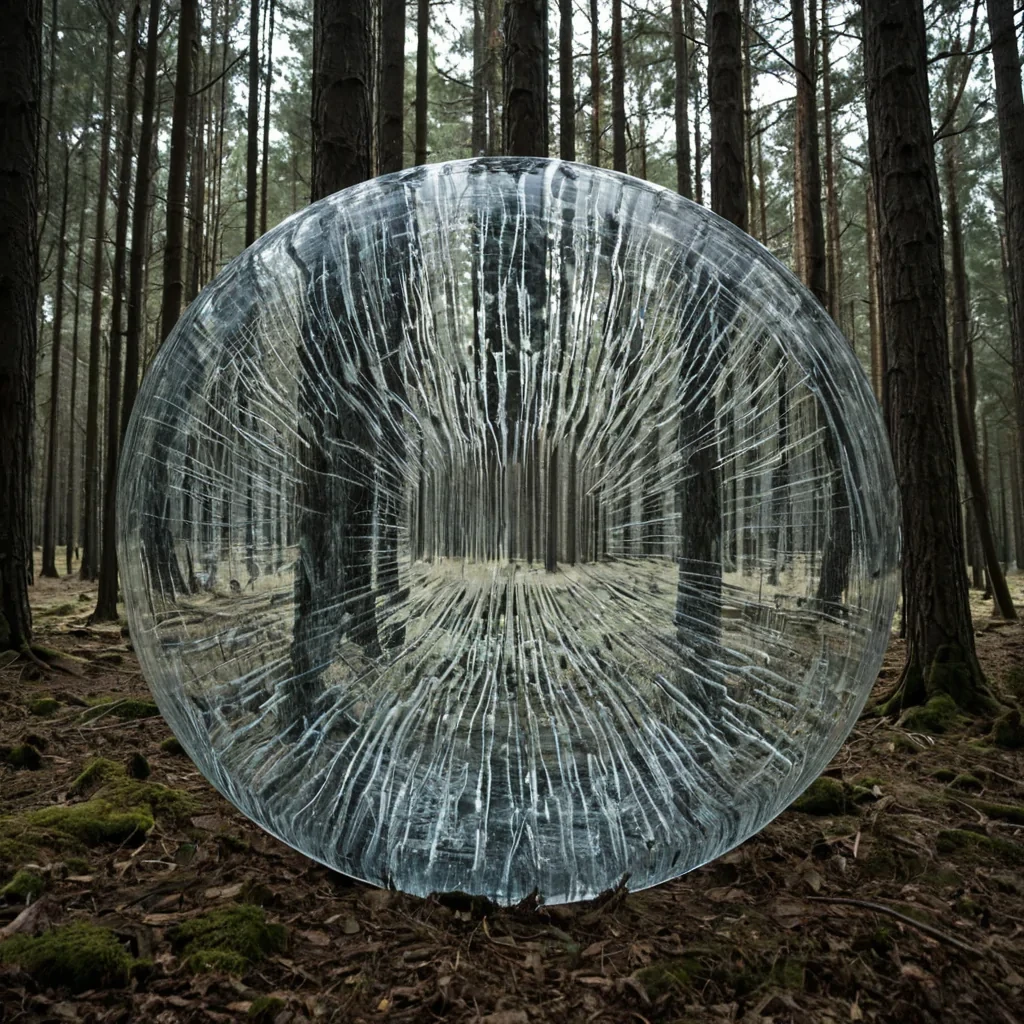 A single, humming lattice of woven silence and solidified static pulses in the center of a vast, still forest made entirely of inverted glass and compressed breath, its branches not reaching upward but spiraling inward like the memory of a breath held too long. The lattice does not growit resonates, emitting not light but a low, harmonic frequency that causes the forest floor to ripple like a frozen lake of liquid time, each ripple forming the shape of a question asked in silence. The trees are not made of woodthey are hollowedout vessels of solidified wind, their trunks etched with the faint, thermal afterimage of words that were almost spoken, their leaves not green but translucent, crystalline shards that glow faintly with the afterimage