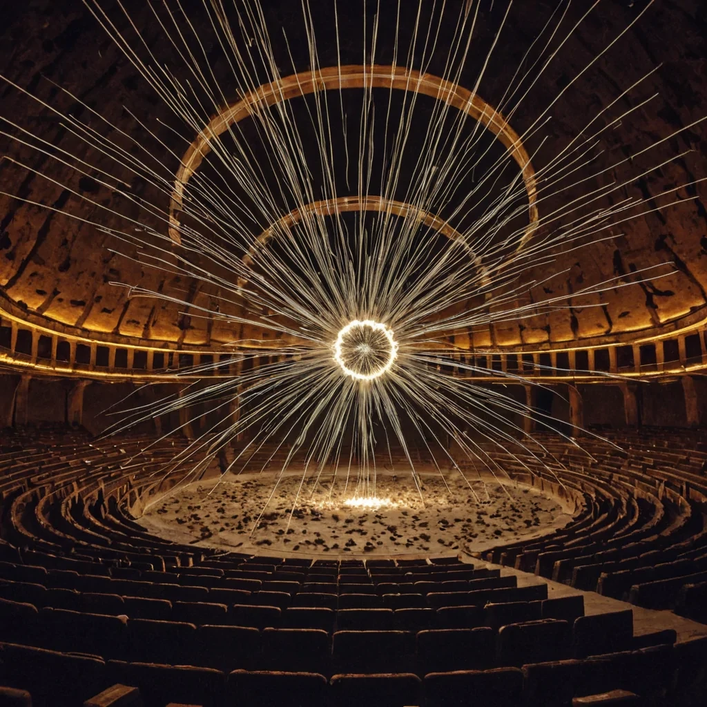 A single, selfilluminating filament of compressed laughter threads through the center of a floating, inverted amphitheater carved from the solidified echoes of a thousand unshared jokes that never reached an audience, its structure not marble or stone but woven from the acoustic residue of a single, unspoken punchline that dissolved into the atmosphere before it could be heard. The filament does not vibrateit resonates in reverse, each pulse unraveling a moment of mirth into a cascade of microsilences that bloom like bioluminescent dandelions in the vacuum, their seeds carrying the harmonic frequency of a smile that never formed. The amphitheaters seating is not tieredit is a spiral of petrified breaths,