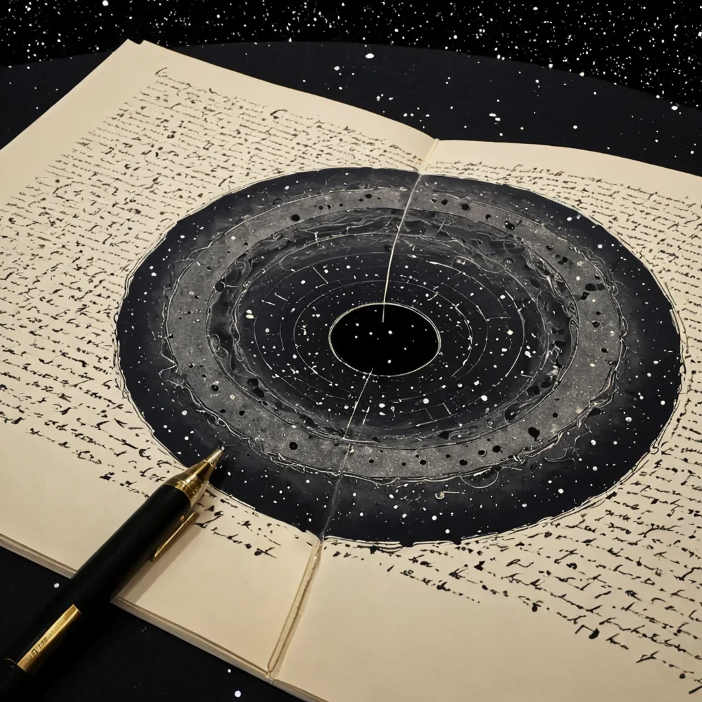 A single, selfrewriting constellation of liquid ink, shaped like a fractalized, spiraling nebula of reversed narrative and unformed meaning, drifts through the center of a vast, inverted observatory built from the solidified pages of a civilization that communicated through the duration of synchronized, silent writing of the same unwritten letter. The constellation does not illuminateit unwrites, each pulse dissolving a layer of intention that never coalesced into a shared message, reforming into ephemeral, obsidianthreaded afterimages shaped like the negative space between two pens that never touched the same paper in the same moment of mutual hesitation. The observatory is not astronomicalit is a stratified expanse of petrified longing, each