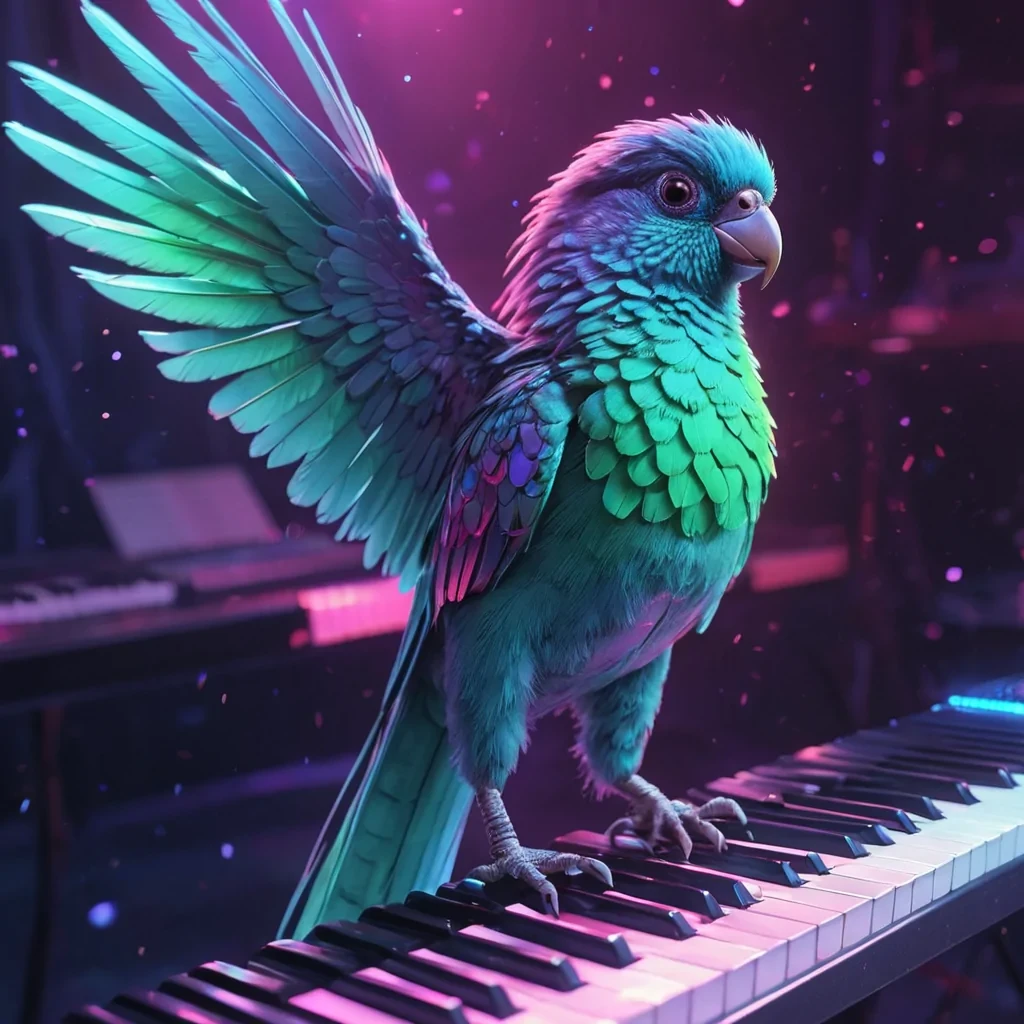 Hyperrealistic neon quetzal, with iridescent feathers, perching on a floating, crystalline keytar, in a surreal, pasteltoned music studio filled with holographic, glowing musical notes, dynamic lighting with volumetric beams, soft focus on its shimmering wings, vibrant colors, 4K resolution, lens flare dancing around its ethereal form.