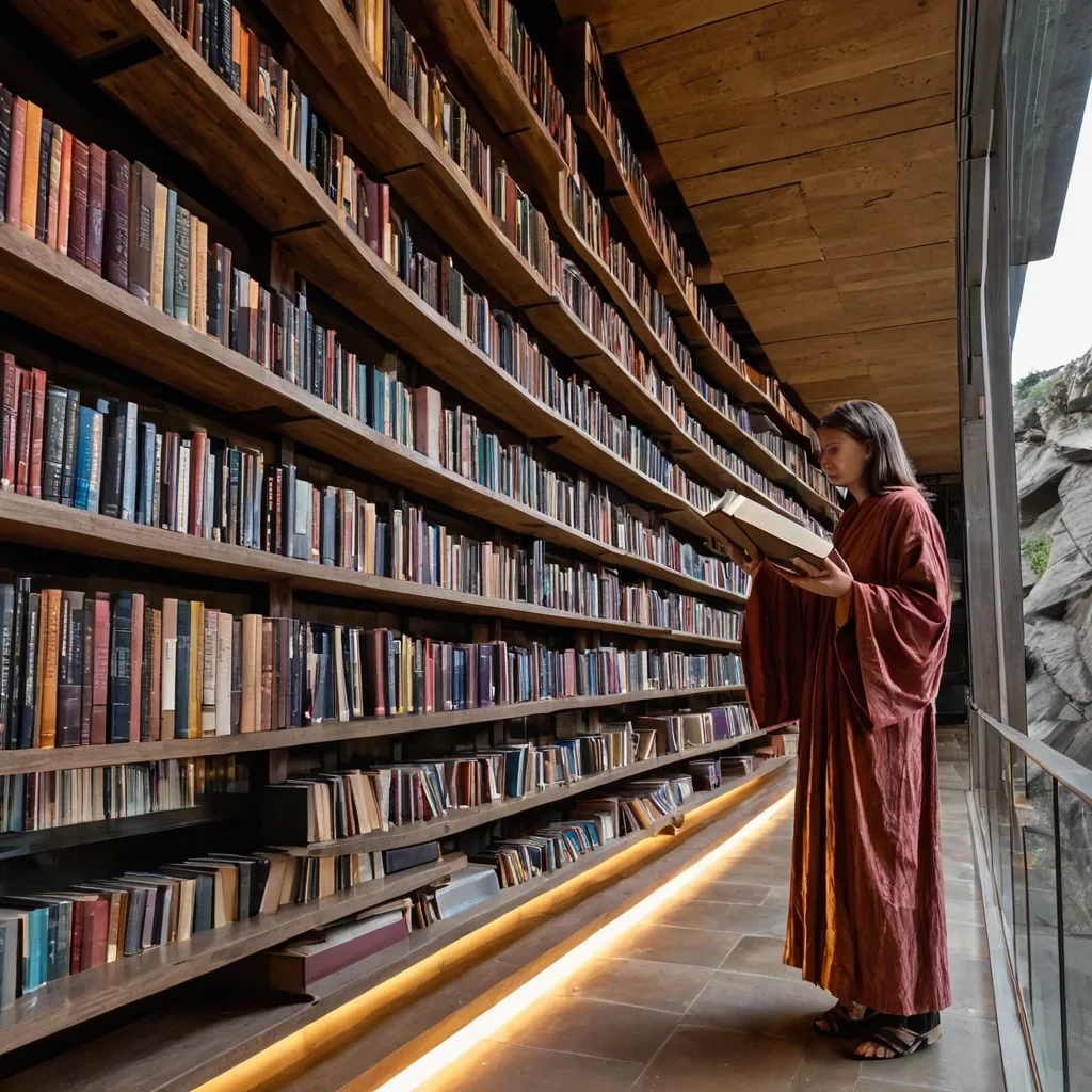 A horizontal, eyelevel wide shot of a sprawling, terraced library built into the vertical face of a sheer, crimson sandstone cliffside, where the architecture blends brutalist concrete with organic, woven bamboo structures. The shelves are not made of wood but are constructed from suspended, translucent sheets of amber resin, each holding books bound in iridescent, metallic foil that shifts color from gold to deep violet depending on the angle of view. In the foreground, a librarian with skin the texture of roughhewn stone and wearing a flowing robe of woven silver threads stands on a narrow, cantilevered walkway, carefully placing a glowing, holographic manuscript onto a floating pedestal. The scene is bathed in the warm, diffused light of