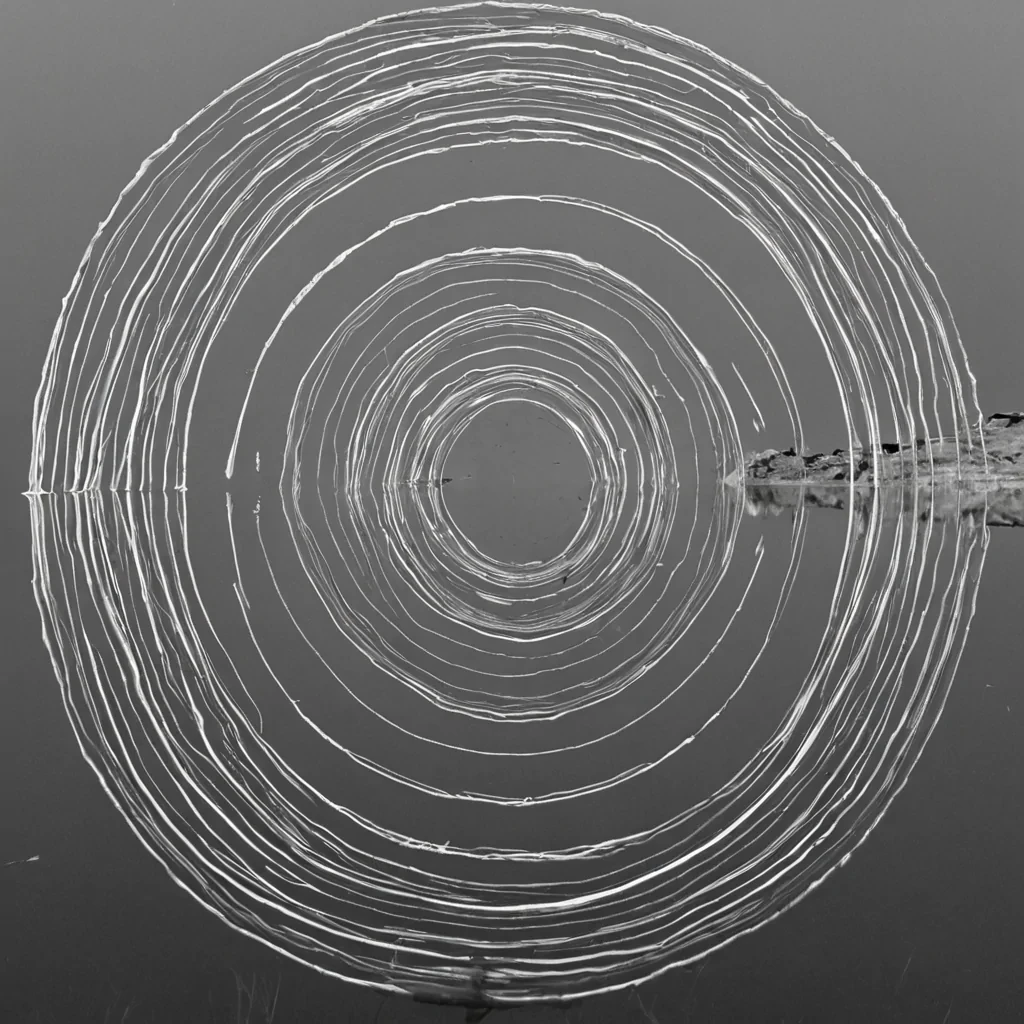 A single, selfrewriting thread of solidified silence, shaped like a 67dimensional helix of inverted perception and unformed awareness, pulses at the center of a vast, inverted mirrorlake composed entirely of petrified reflections and suspended moments of unobserved gazes. The thread does not reflectit unsees, each spiral unraveling a layer of visual potential that never coalesced into a shared glance, reforming into ephemeral, silverthreaded afterimages shaped like the negative space between two pupils that never dilated in the same moment of mutual recognition. The lake is not reflectiveit is a stratified expanse of compressed nonobservation, each ripple a fossilized glance held just before the first eye dared