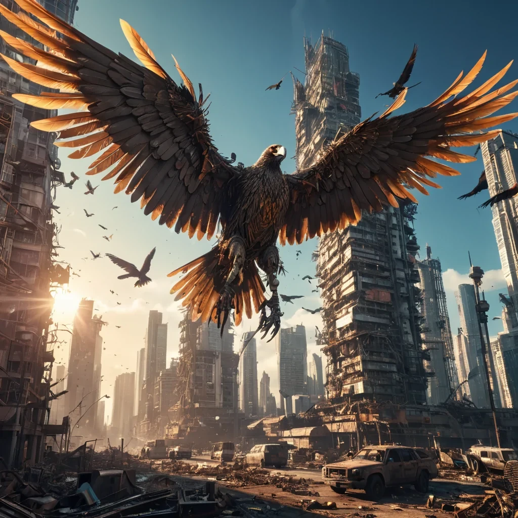 A sprawling, postapocalyptic cityscape where skyscrapers morph into colossal, mechanical birds that migrate across a polluted sky, their metallic feathers glinting under the harsh, neonlit sun, hyperrealistic, 4K, cinematic lighting, volumetric lighting, atmospheric effects, dynamic lighting, lens flare, vibrant colors, detailed textures.