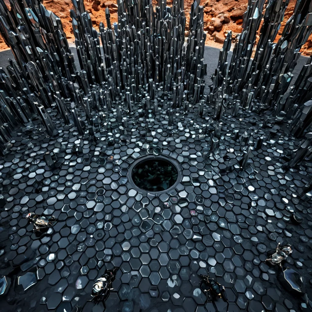 A topdown, hyperrealistic view of a vast, circular plaza paved with hexagonal tiles of polished obsidian, each tile acting as a window into a distinct, microscopic ecosystem of deepsea hydrothermal vents. The plaza is surrounded by a ring of towering, translucent towers made from stretched sugar glass, refracting the warm, amber glow of the underground vents into prismatic shards that dance across the floor. In the center, a massive, floating sculpture composed of interlocking, iridescent beetle wings rotates slowly, casting sharp, intricate shadows that shift with the movement of invisible thermal currents. Tiny figures in sleek, white diving suits walk across the obsidian surface, their boots leaving temporary trails of steam that dissipate into the cool air.