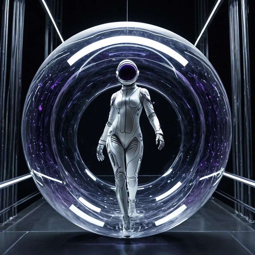 A hyperrealistic, eyelevel medium shot of a solitary figure standing on a suspended bridge made of transparent, tensioned glass cables within a colossal, hollowedout obsidian sphere. The interior walls of the sphere are lined with thousands of vertical, crystalline pillars that hum with a soft, violet ultrasonic vibration, causing the air to ripple with visible, concentric rings of distortion. The figure wears a sleek, mattewhite spacesuit with articulated, chrome joints, holding a tuning fork crafted from glowing, liquid metal that resonates with the pillars. The lighting is dramatic and highcontrast, with sharp, cool blue rim lights highlighting the contours of the suit against the deep, shadowy background, while fine dust motes dance in the air