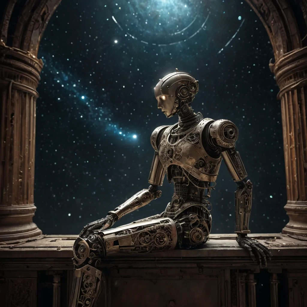 Photorealistic, Ultra HD portrait of a melancholic, sentient automaton, its metallic body adorned with intricate, tarnished filigree, sitting alone in a vast, abandoned observatory, surrounded by towering, ancient telescopes and faded, celestial charts, with cinematic lighting casting dramatic shadows and emphasizing the intricate, steampunkinspired design, and a subtle, cool bokeh effect creating a sense of isolation and longing, as a lone, spectral comet streaks across the night sky, its glowing tail leaving a trail of stardust in its wake.