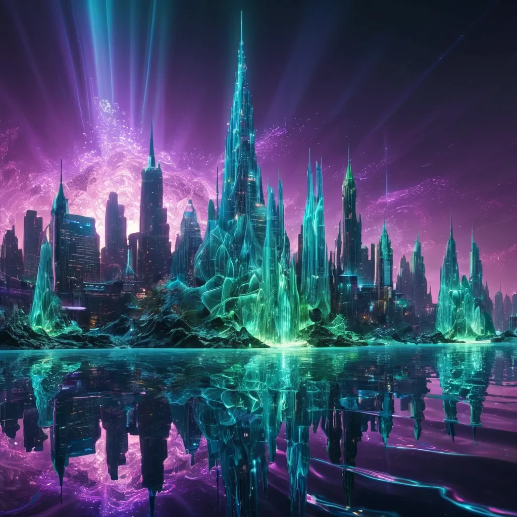 A hyperrealistic, 4K, ultra HD depiction of a vibrant, neonlit underwater city, its sleek, geometric structures and iridescent spires etched in intricate fractal patterns. Volumetric lighting from pulsating, bioluminescent sources casts mesmerizing, prismatic reflections on the undulating, liquid surfaces. Cinematic lighting bathes the scene in a symphony of electric blues, greens, and purples, with lens flare accentuating the citys central, radiant, crystalline tower, pulsating with captured, aquatic energy. Photorealistic, fractal, zerogravity advertisements unfurl in a surreal dance, creating an otherworldly, aquatic ballet.