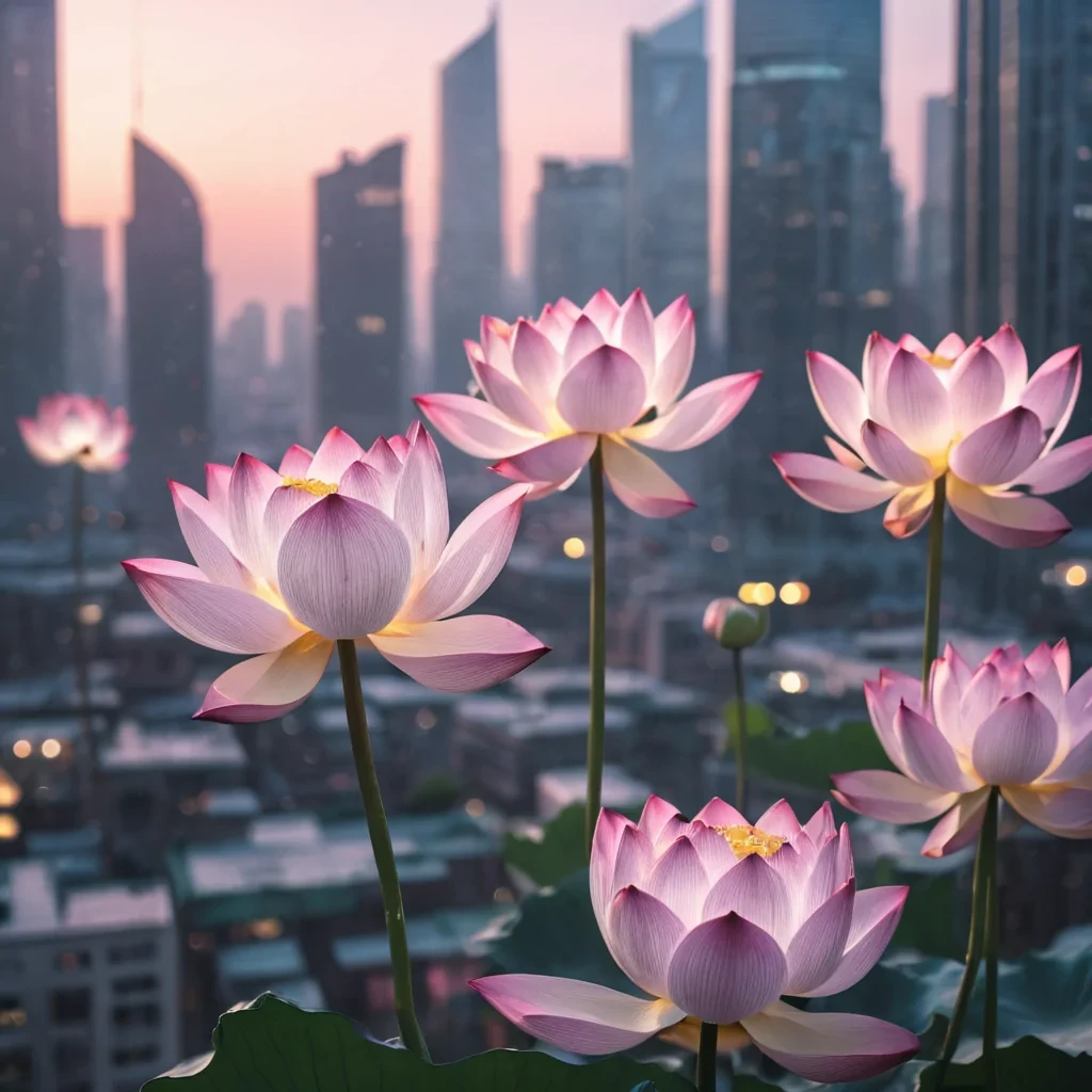 A levitating, translucent lotus blooms in the heart of a bustling, vertical city, its petals casting a soft, otherworldly glow over the neonlit skyscrapers, hyperrealistic, 4K, cinematic lighting, volumetric lighting, atmospheric effects, dynamic lighting, bokeh effect, soft focus, lens flare, pastel pinks, luminous whites, and electric blues, detailed textures.