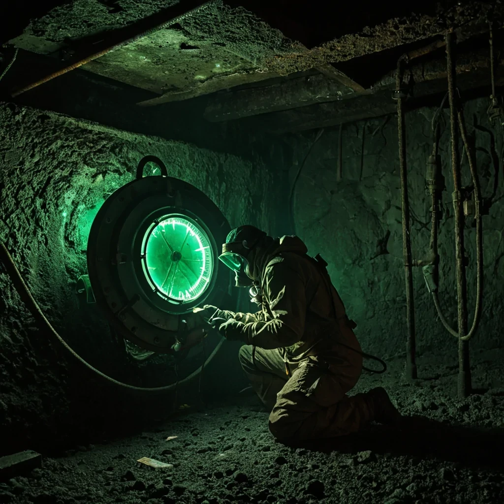 A vertical, eyelevel medium shot of a dimly lit, industrial subterranean maintenance corridor constructed from roughhewn, dark volcanic rock and rusted iron beams, illuminated solely by the soft, pulsating glow of bioluminescent moss colonies clinging to the ceiling. In the center, a figure wearing a heavy, utilitarian explorers suit made of thick, weathered canvas and brassplated leather kneels beside a massive, circular hatch sealed with concentric rings of oxidized copper. The figure is gently adjusting a complex, analog pressure gauge with delicate fingers, their face partially obscured by a respirator mask with glass lenses that reflect the eerie green light. The air is thick with a fine mist of mineral dust, and the lighting is