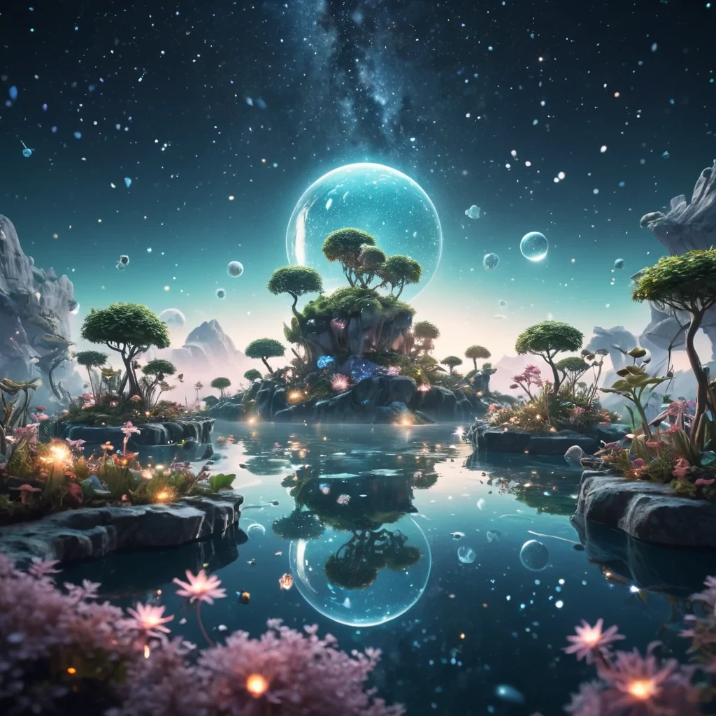 A serene, levitating garden where floating islands drift through a vast, starry sky, filled with luminescent, crystalline flora and fauna, hyperrealistic, ultra HD, cinematic lighting, volumetric lighting, atmospheric effects, dynamic lighting, bokeh effect, soft focus, lens flare, pastel tones, detailed textures.