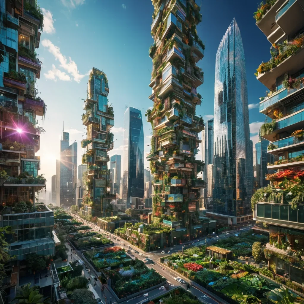 A bustling, vertical cityscape where buildings morph into towering, organic structures, their surfaces covered in iridescent, pixelated mosaics, while levitating gardens drift lazily among the skyscrapers, hyperrealistic, ultra HD, cinematic lighting, volumetric lighting, atmospheric effects, dynamic lighting, lens flare, vibrant colors, detailed textures.