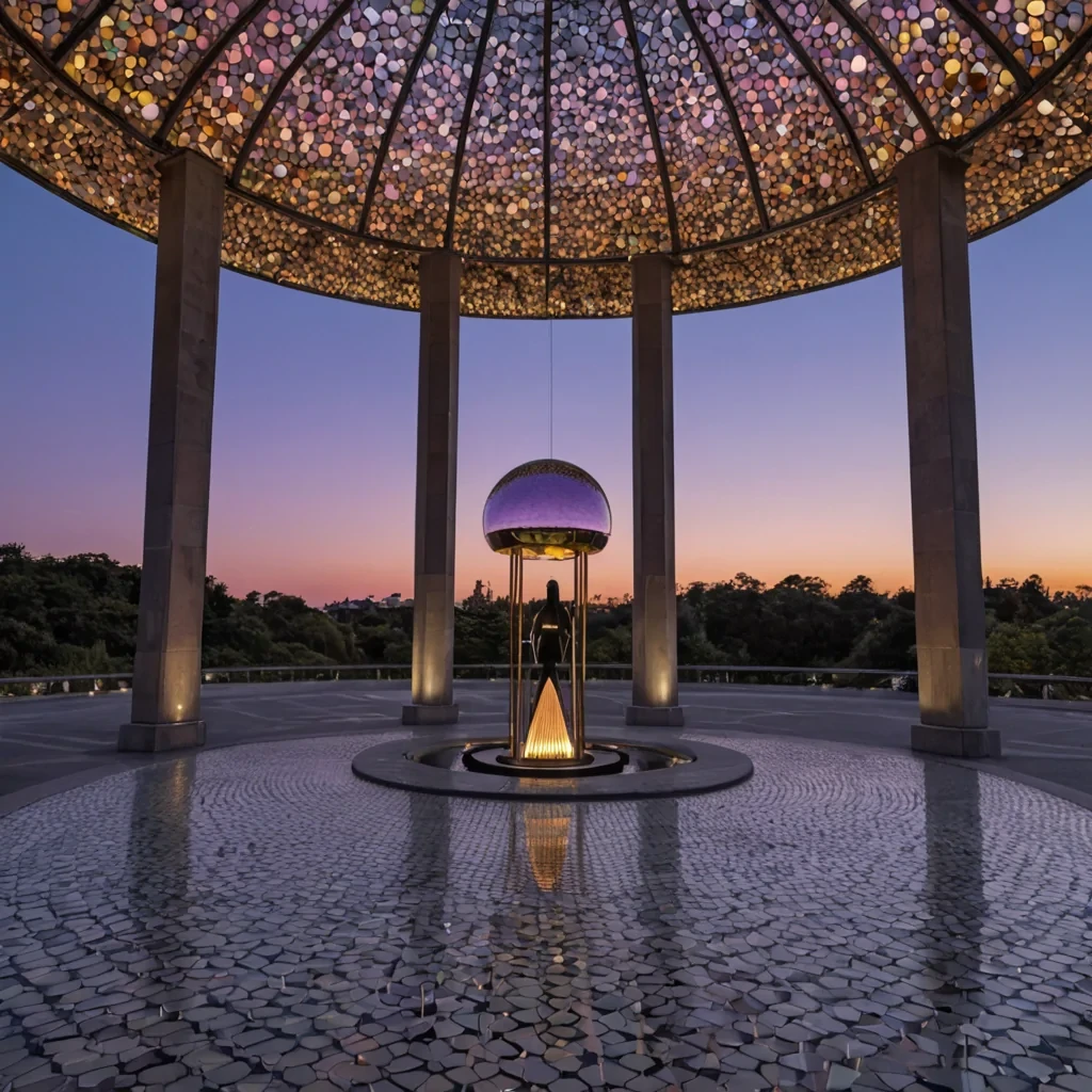 A highangle, symmetrical shot of a massive, circular plaza paved with hexagonal tiles of iridescent motherofpearl that reflect a twilight sky shifting from deep violet to soft pink. In the center stands a minimalist, white concrete pavilion with a domed roof made of etched frosted glass, housing a single, suspended sphere of liquid crystal that rotates slowly, refracting the ambient light into prismatic beams. Surrounding the pavilion are twelve towering, slender obelisks made of dark, polished obsidian, each topped with a floating, geometric ring of brass that emits a faint, warm amber hum. In the foreground, a figure wearing a flowing, silk kimono in muted sage green sits crosslegged on a low