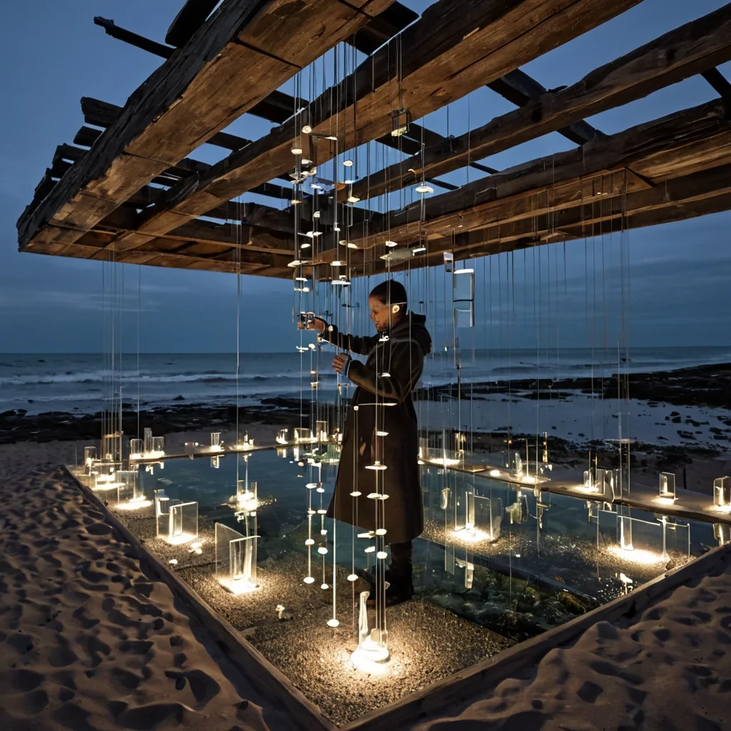A horizontal, eyelevel medium shot of a suspended, asymmetrical library constructed from weathered, reclaimed driftwood and floating, translucent resin blocks, hovering above a calm, obsidianblack tide pool at twilight. The structures shelves are arranged in a chaotic, organic spiral, filled with glowing, sealed glass vials containing swirling, colored sands that shift hue based on ambient magnetic fields. In the center, a quiet curator with cool, slategray skin and wearing a tailored, highcollared coat made of woven, iridescent cactus fiber and brushed copper threads stands on a narrow, suspended bridge of frosted acrylic. They are holding a delicate, transparent tuning fork made of quartz, gently striking it against the air, causing the nearby sand