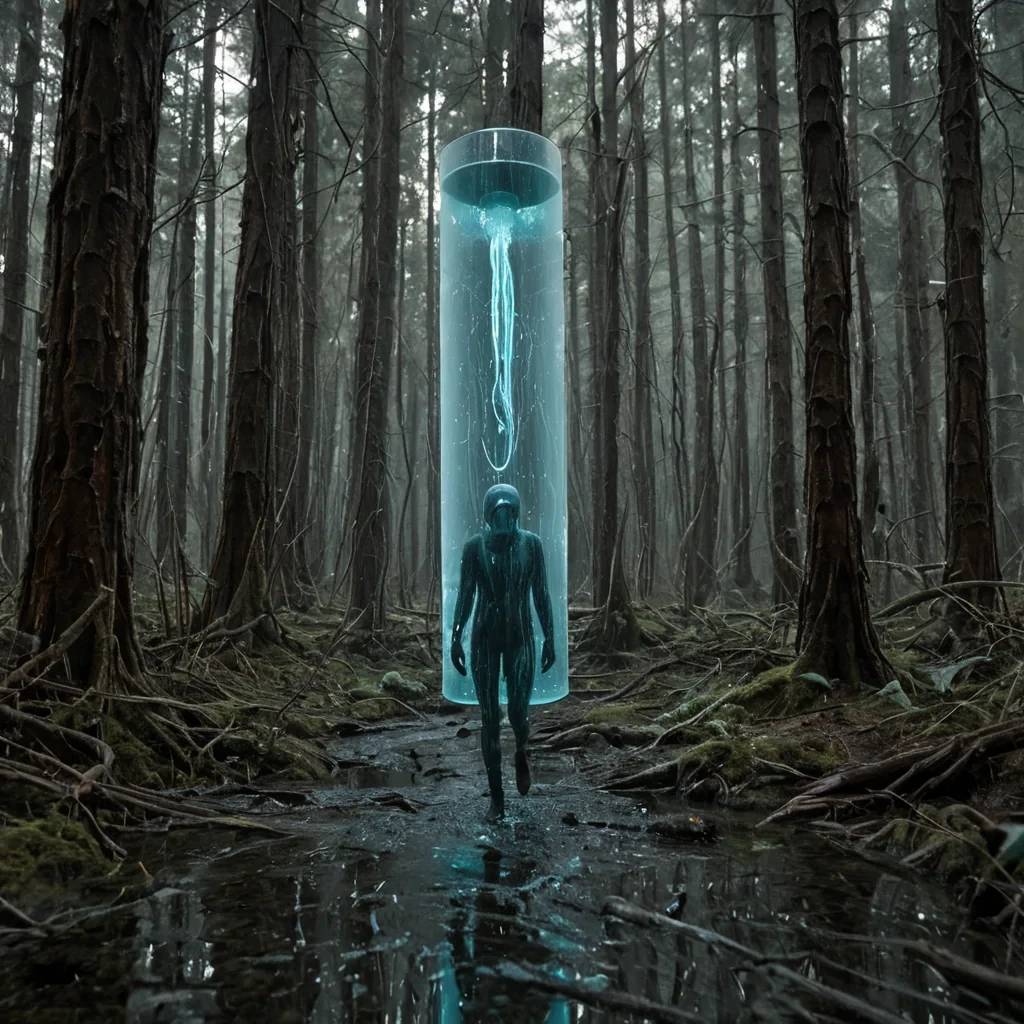 A horizontal, eyelevel medium shot of a solitary figure walking through a dense, vertical forest of towering, translucent tubes made of swirling, slowmoving liquid mercury, each tube containing a different suspended, ancient artifact like a rusted compass, a cracked hourglass, or a dried botanical specimen. The environment is a surreal, weightless chamber where gravity shifts subtly, causing droplets of silver liquid to float and coalesce around the walkers path. The figure, wearing a textured, mattegrey wetsuit with integrated bioluminescent fiberoptic threads that pulse with a faint, rhythmic teal light, reaches out to touch the surface of a tube containing a floating, perfectly preserved blue jay. The lighting is ethereal and diffused,