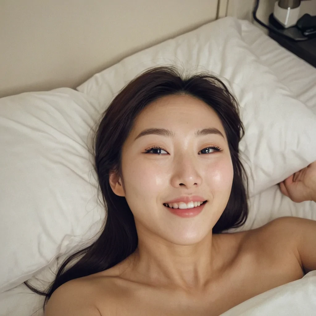 Selfie of a cute 30 years old korean woman taken while laying in bed on her back. She is looking into the camera and winks.