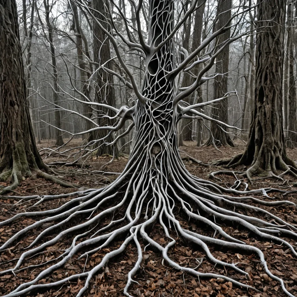 A single, selfilluminating root system of solidified silence, shaped like a 11dimensional fractal network of inverted growth and unformed decay, emerges from the center of a vast, inverted forest of petrified breatheach tree formed from the frozen exhalations of a civilization that measured life not by pulse, but by the duration of synchronized, breathless stillness held just before the first leaf was ever allowed to unfurl in a world where photosynthesis was forbidden. The roots do not spreadthey ungrow, each filament shedding a layer of vegetal potential that never coalesced into a shared canopy, reforming into ephemeral, amethystveined afterimages shaped like the negative space between two hands that