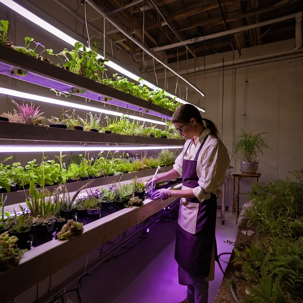 A horizontal, eyelevel medium shot of a tranquil, indoor hydroponic archive suspended within a vast, cylindrical silo constructed from warm, honeycolored polished brass and frosted glass, located in a highaltitude desert settlement. The walls are lined with vertical, tiered shelves holding thousands of small, sealed terrariums filled with vibrant, floating aquatic plants in shades of electric lime, coral pink, and deep violet, illuminated by soft, diffused warmwhite LED strips. In the foreground, a botanist wearing a crisp, offwhite linen shirt with rolledup sleeves and a simple leather apron carefully adjusts the water level in a transparent, hexagonal planter using a delicate, silvertipped pipette. The air is still and