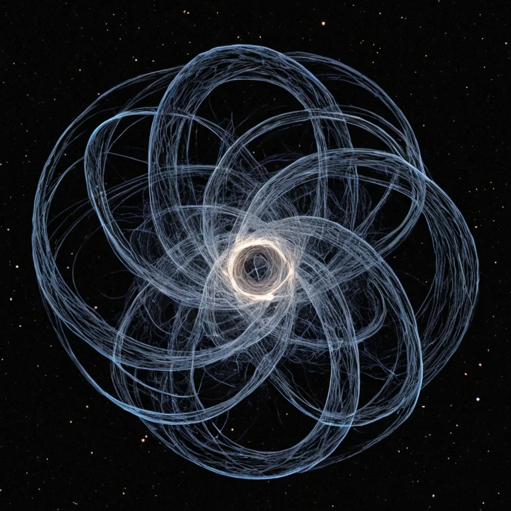 A single, selfilluminating knot of reversed light, shaped like a 1,000,000,000,000dimensional tangle of unformed photons and inverted luminescence, floats at the center of a vast, inverted void of solidified darknesseach shadow carved from the exact moment between a star igniting and its refusal to burn, a candle flickering and dissolving into nonthermal stillness, a glance meeting another and collapsing into pure, unmeasured obscurity. The knot does not emit lightit unemits it, each trembling strand shedding a layer of radiative potential that never coalesced into visible energy, reforming into ephemeral, voidveined
